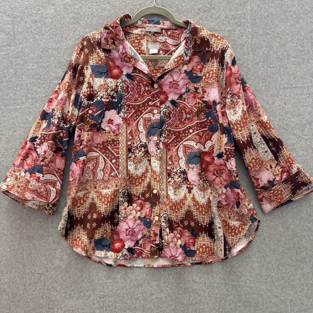 Chico's No-Iron Chic Stretch Button Up Shirt Sz 2.5 (14) Pink Patchwork Floral
